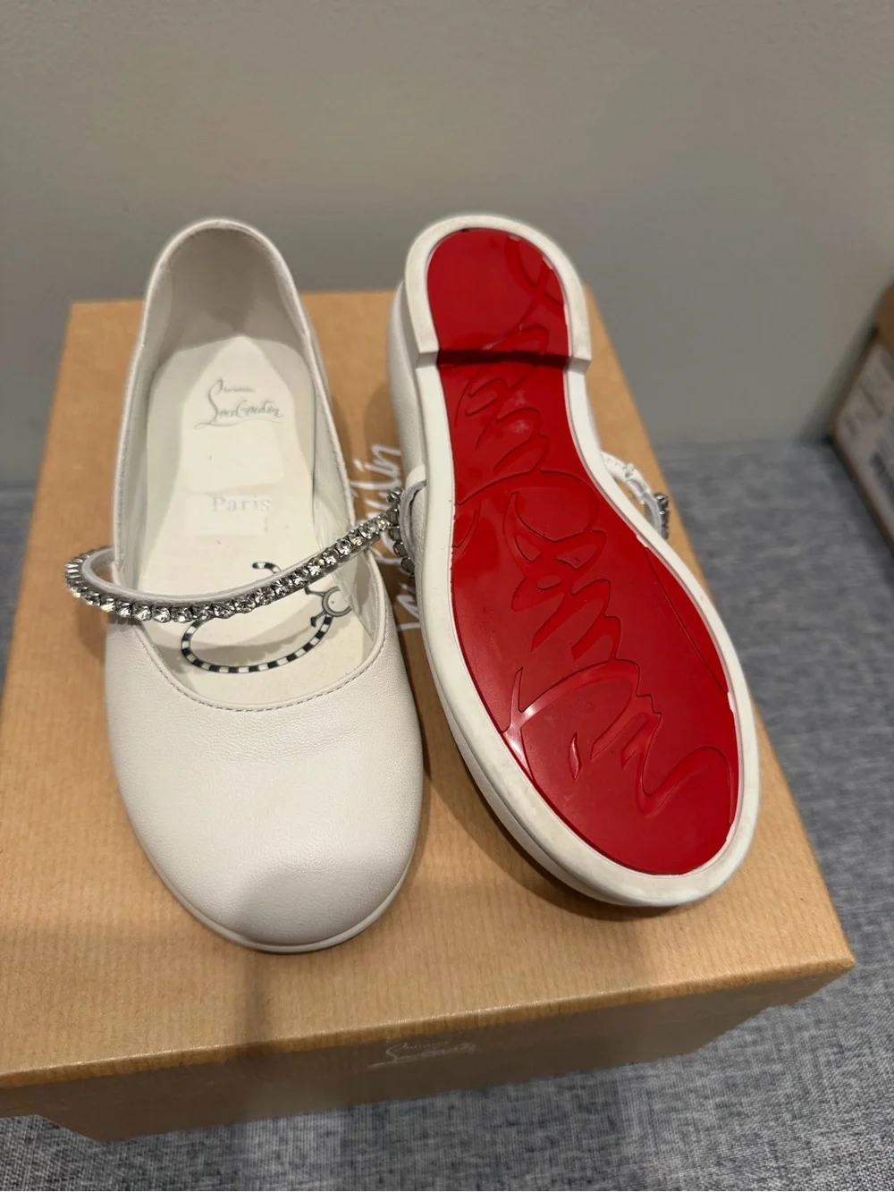 Christian Louboutin White Girls Ballet Flats with Crystal Strap